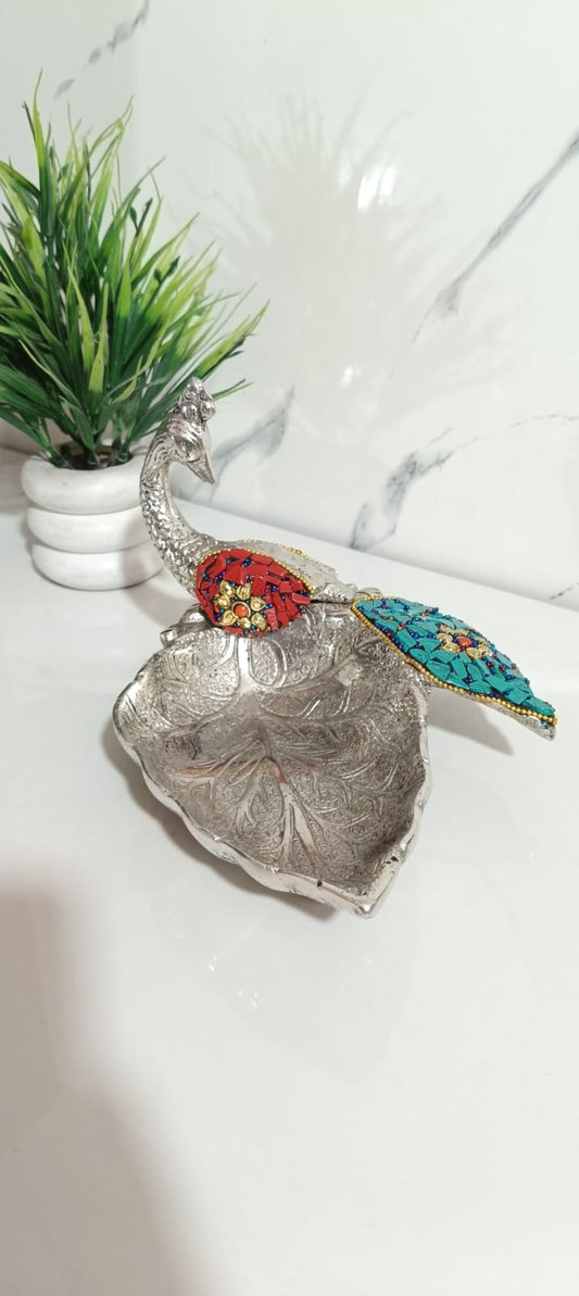 German Silver Peacock Dryfruit Platter in Stone Work, Set Of 2pcs