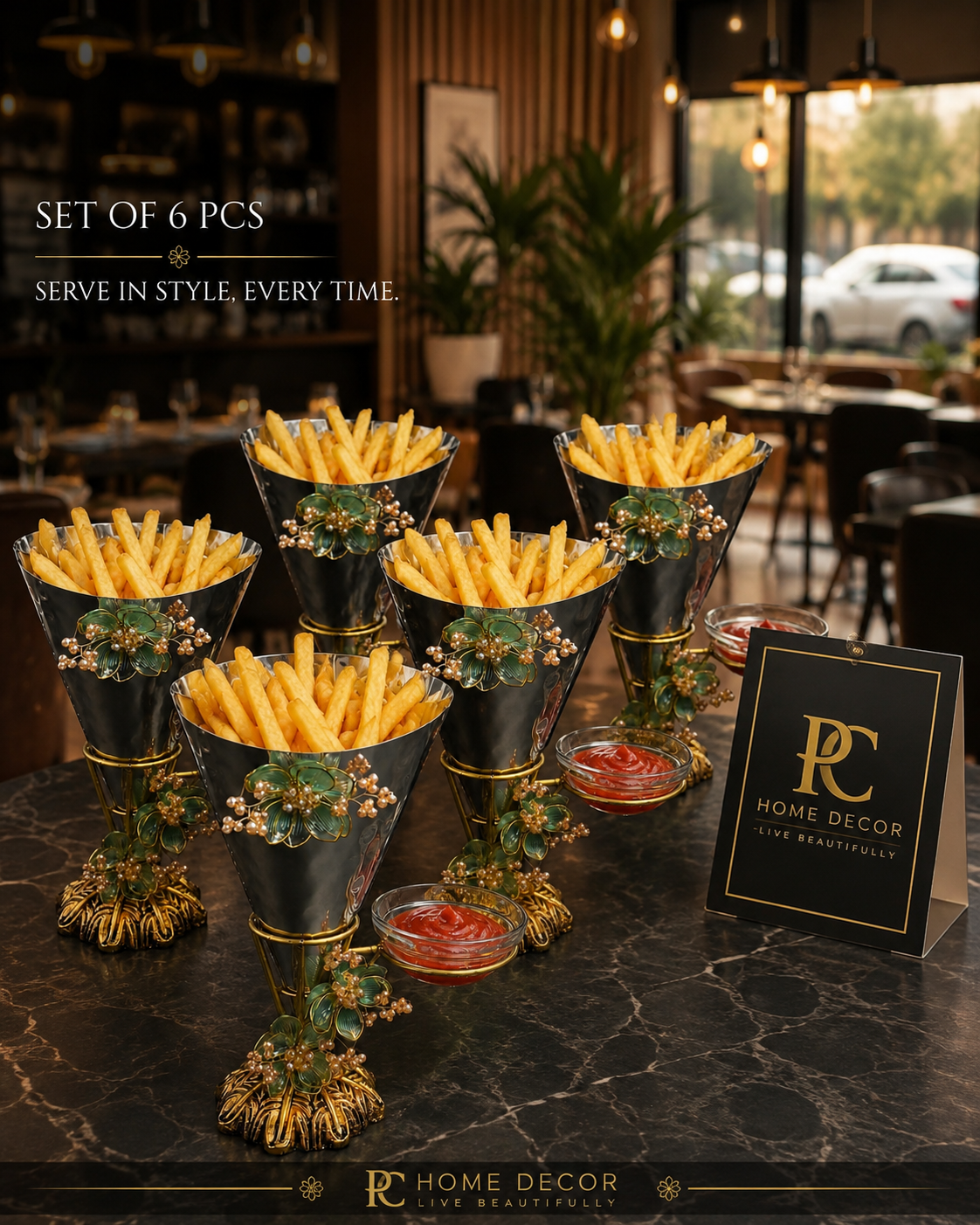 Luxury Designer Fries Serving Stand with Dip Bowl Holder( Set of 6pcs )