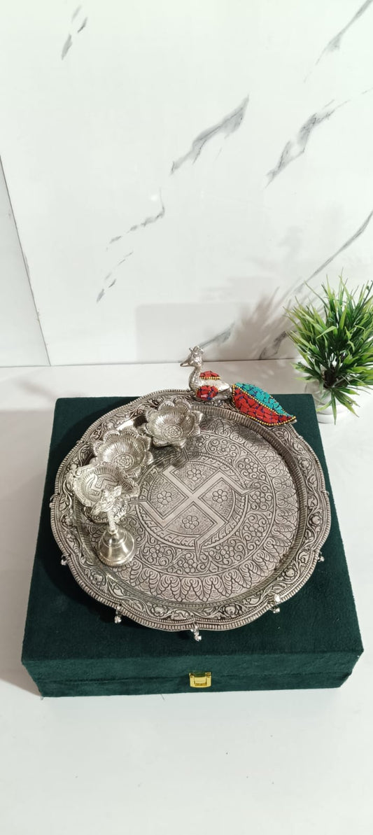 German Silver Pooja Thali With Peacock