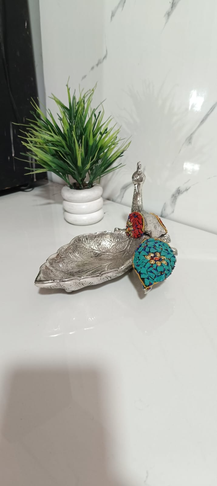 German Silver Peacock Dryfruit Platter in Stone Work, Set Of 2pcs