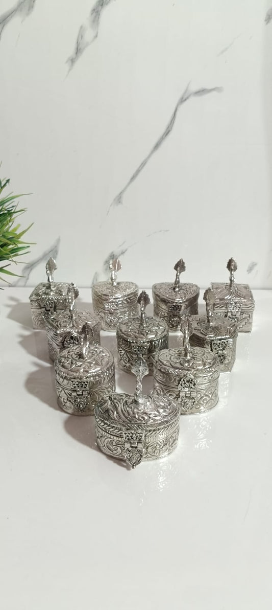 German Silver Plated Craving Dabba With Peacock,(Set of 10 pcs)