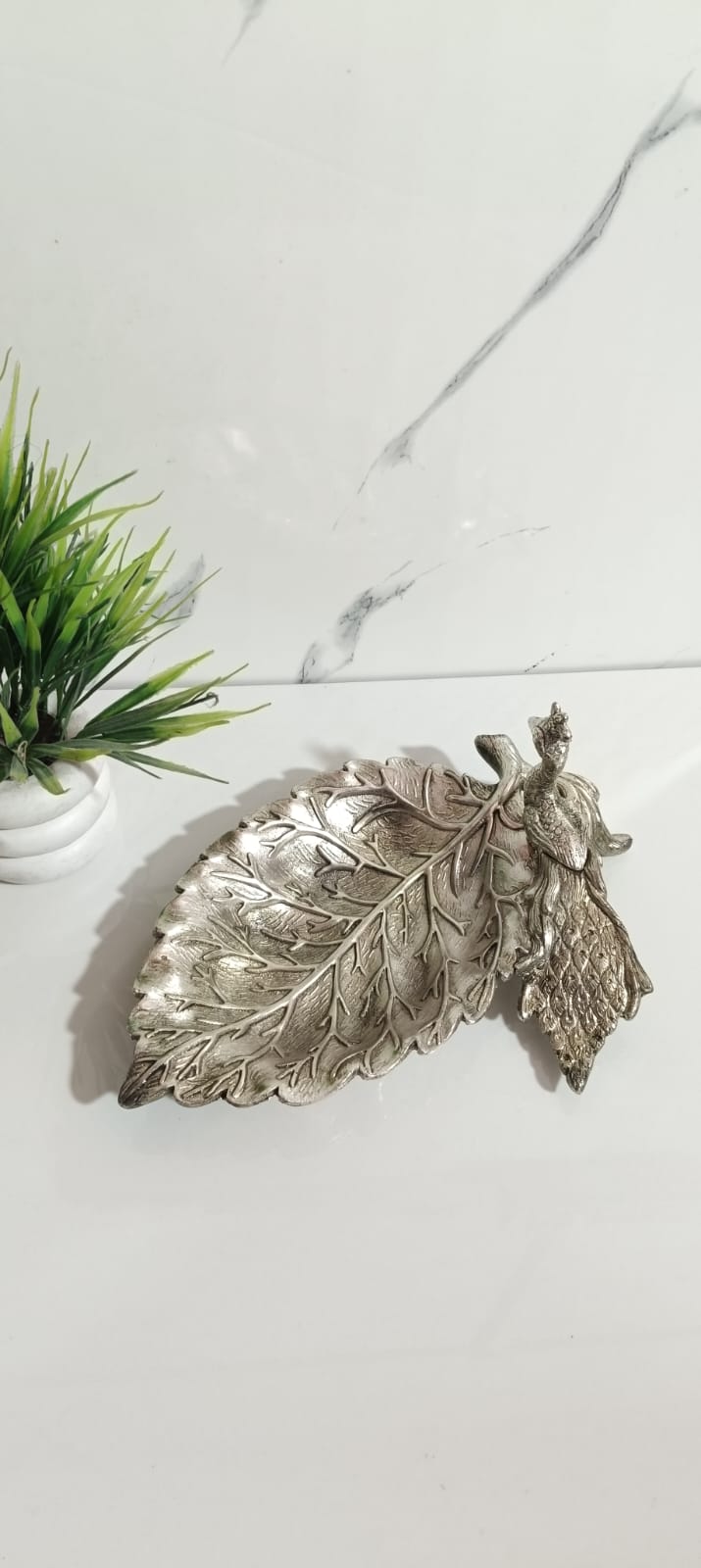 German Silver Leaf Platter With Adjustable Peacock,(Set of 2Pcs)