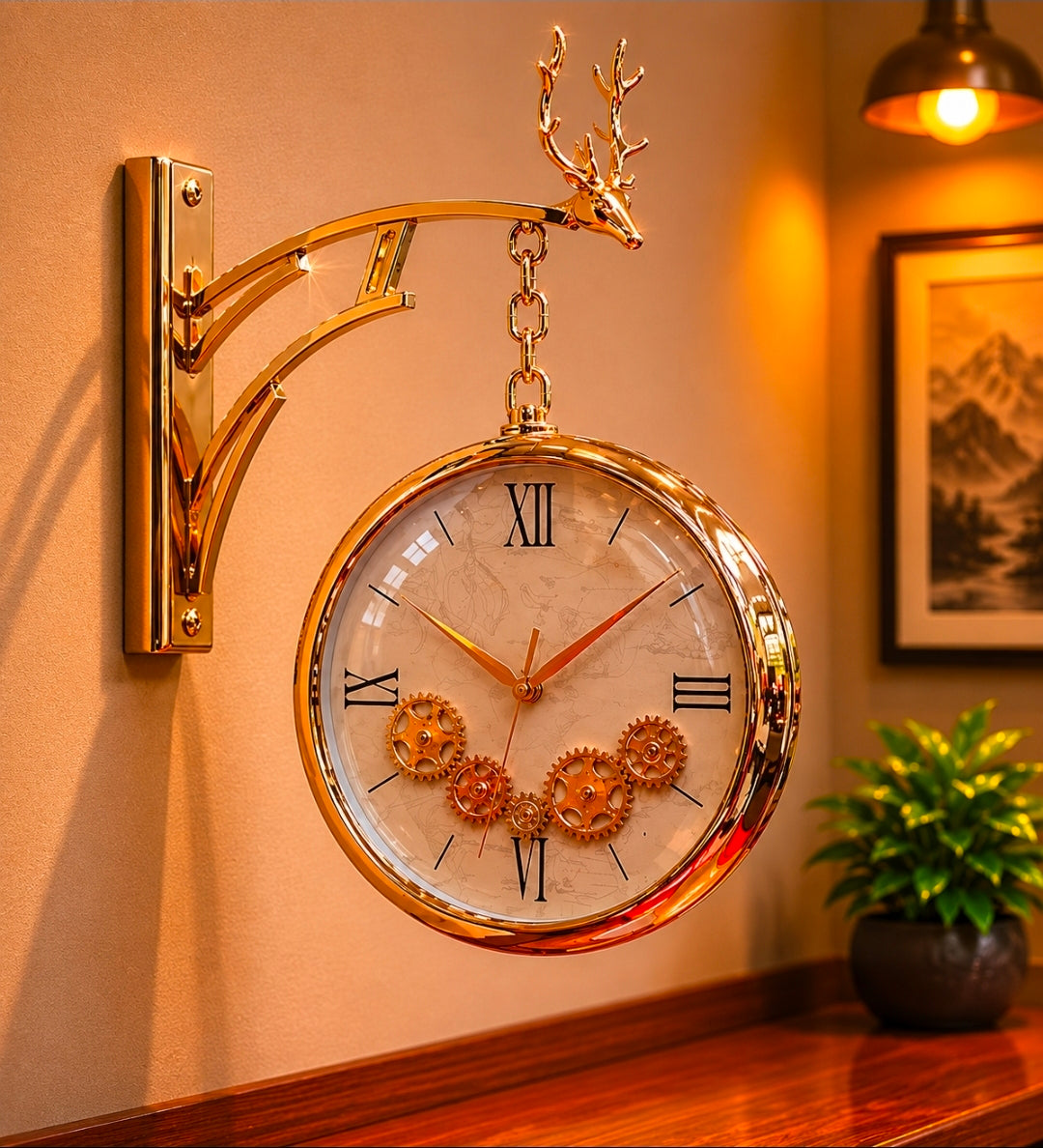 Dual Dial Moving Gear Station Wall Clock