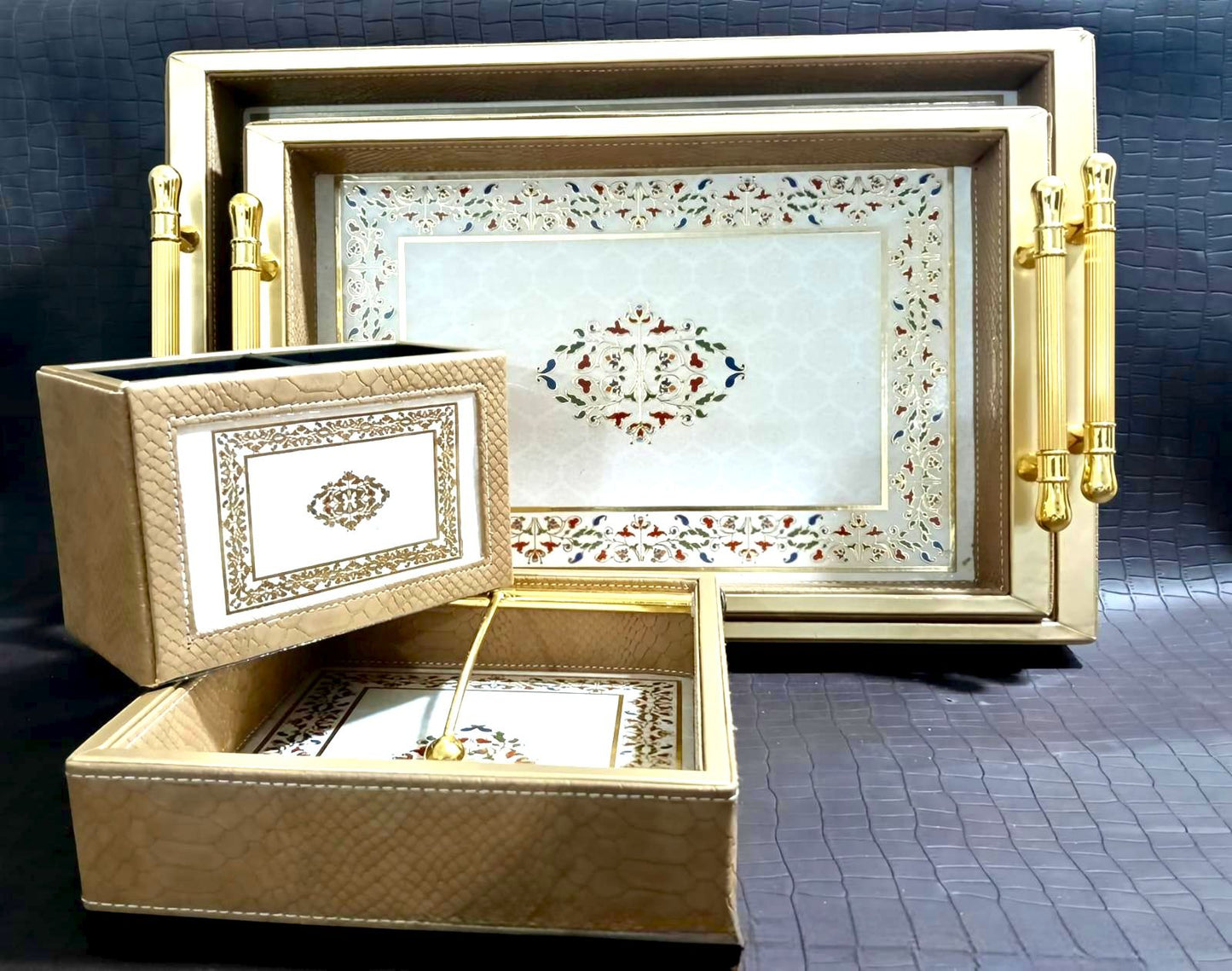 Luxury Leathered Tray Combo Set with Resin Top | Premium 4-Piece Serving & Organizer Collection