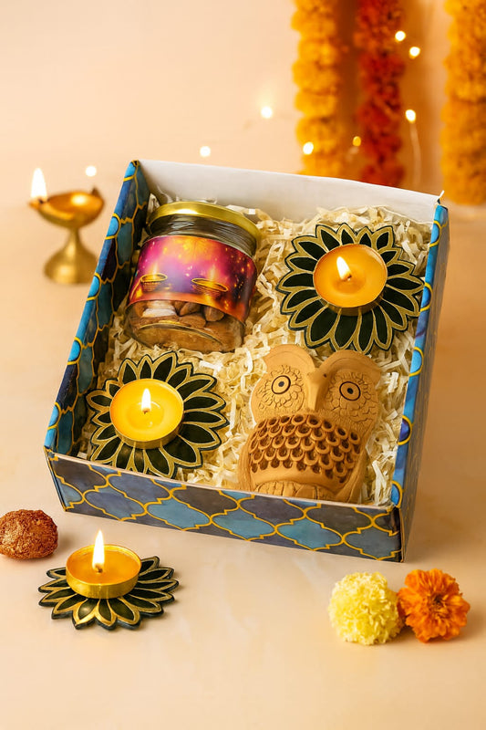 Festive Gift Box with Wooden Owl, Almond Jar & Decorative Tealights