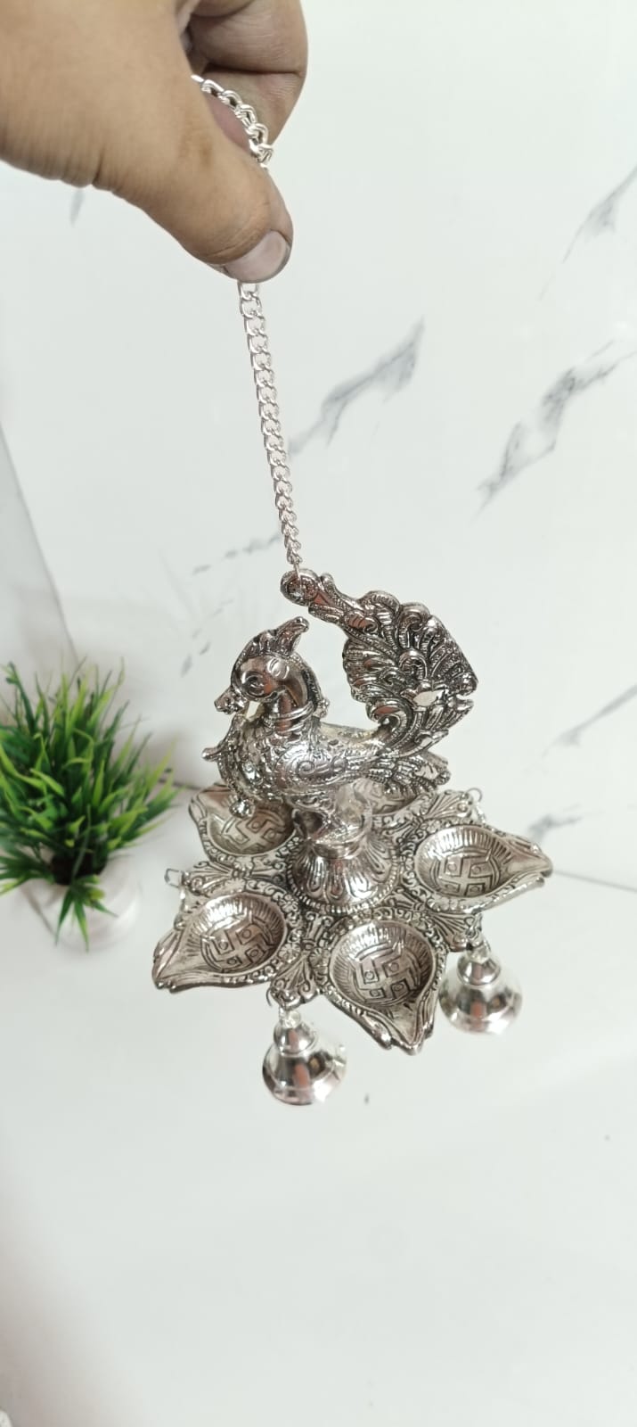 German Silver Peacock Panch Batti Diya with Chain Hanging , Set of 2 Pcs