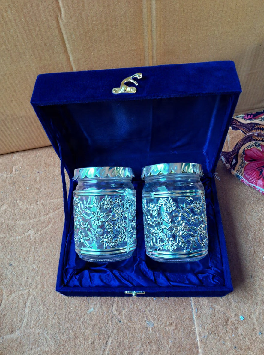 German Silver Floral Storage Jar Gift Set with Premium Velvet Box | Set of 2 Jar | Luxury Return Gift | 50 Box Set