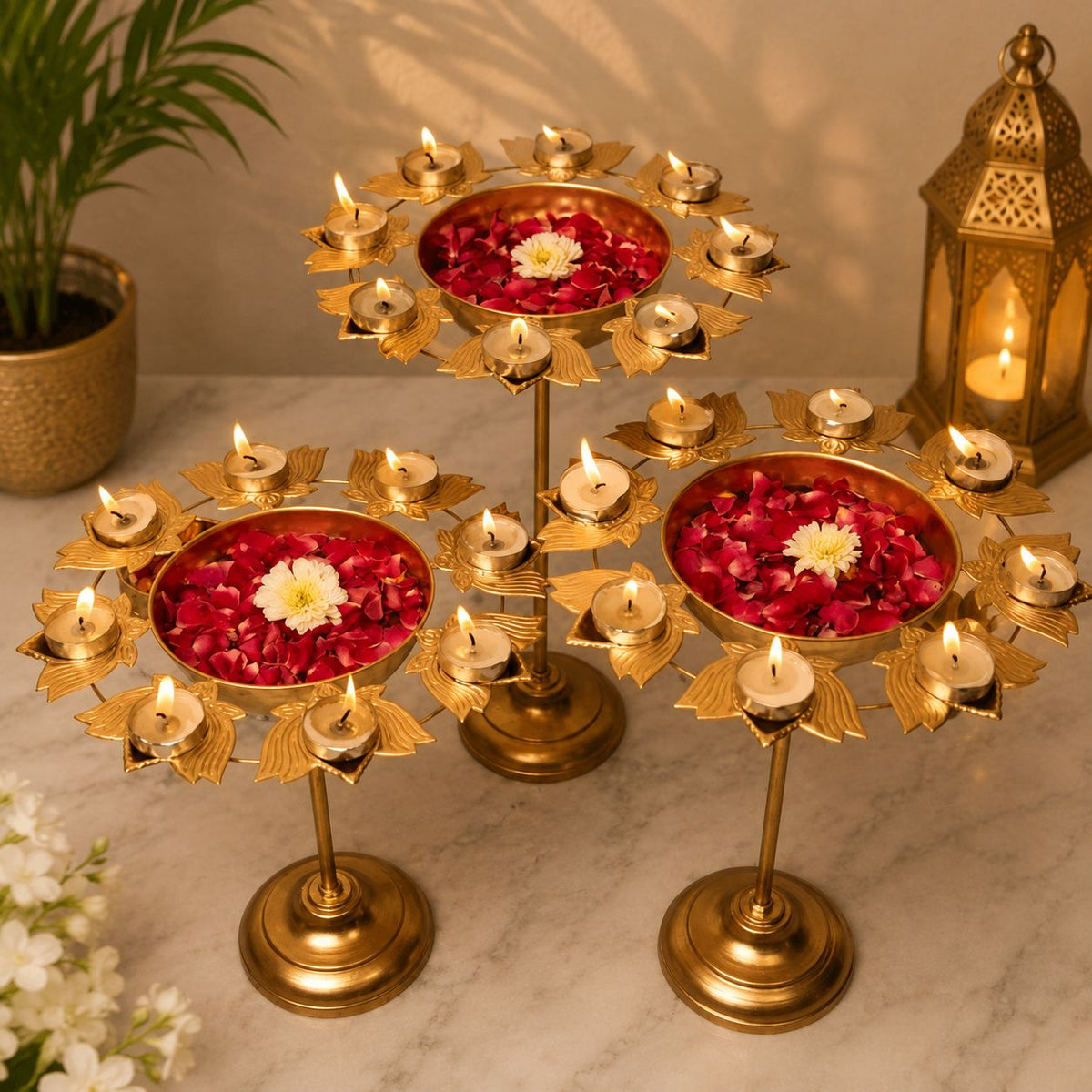 Aesthetic Floral Diya Urli With Stand,Set of 3 pcs