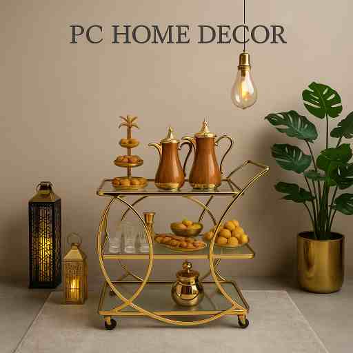 Luxury Gold Finish Serving Trolley with Glass Shelves