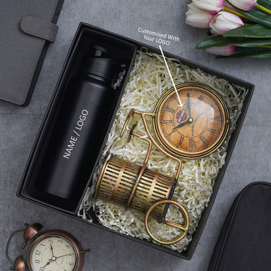 Premium Gift Set with Cycle Clock Pen Stand & 750ml Steel Bottle (Customisable)