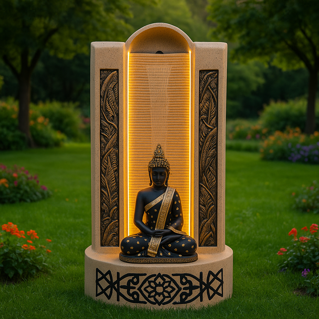 Sitting Buddha Fountain , Cream and Black