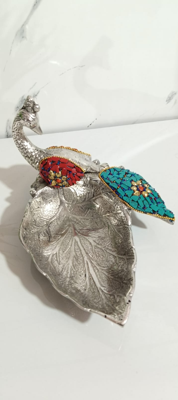 German Silver Peacock Dryfruit Platter in Stone Work, Set Of 2pcs