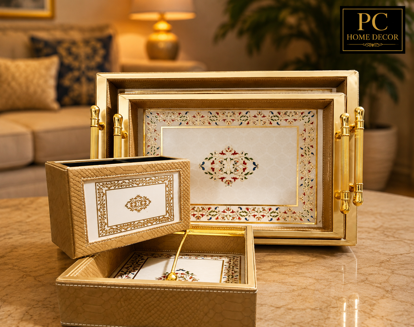 Luxury Leathered Tray Combo Set with Resin Top | Premium 4-Piece Serving & Organizer Collection