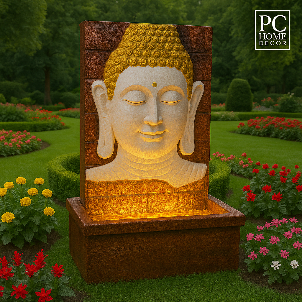 PC Home Decor | Large Slate Fountain Buddha, Gold and White
