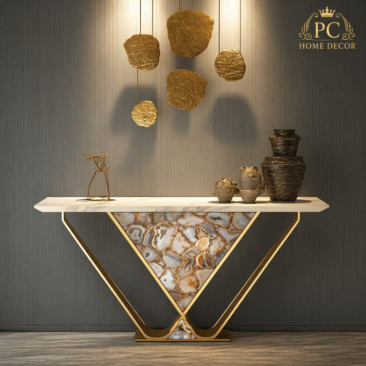 Luxury Geometric Gold Console Table with Agate Inlay & Italian Marble Top