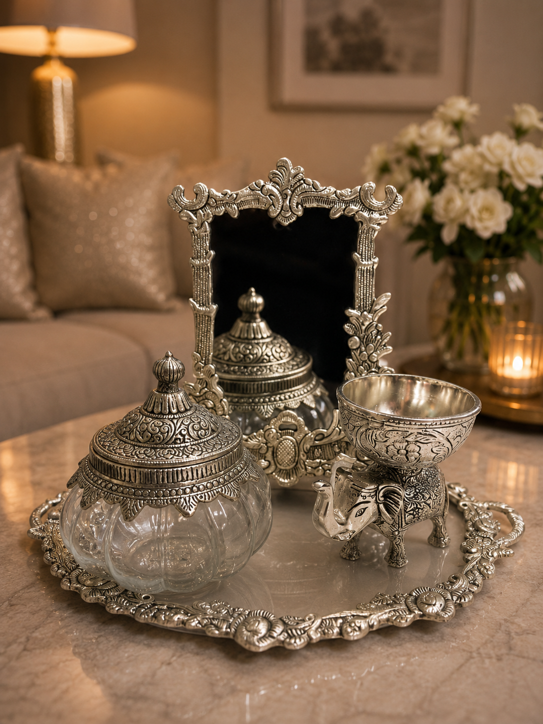 Premium Silver Platter Ser With Vanity Decor Items