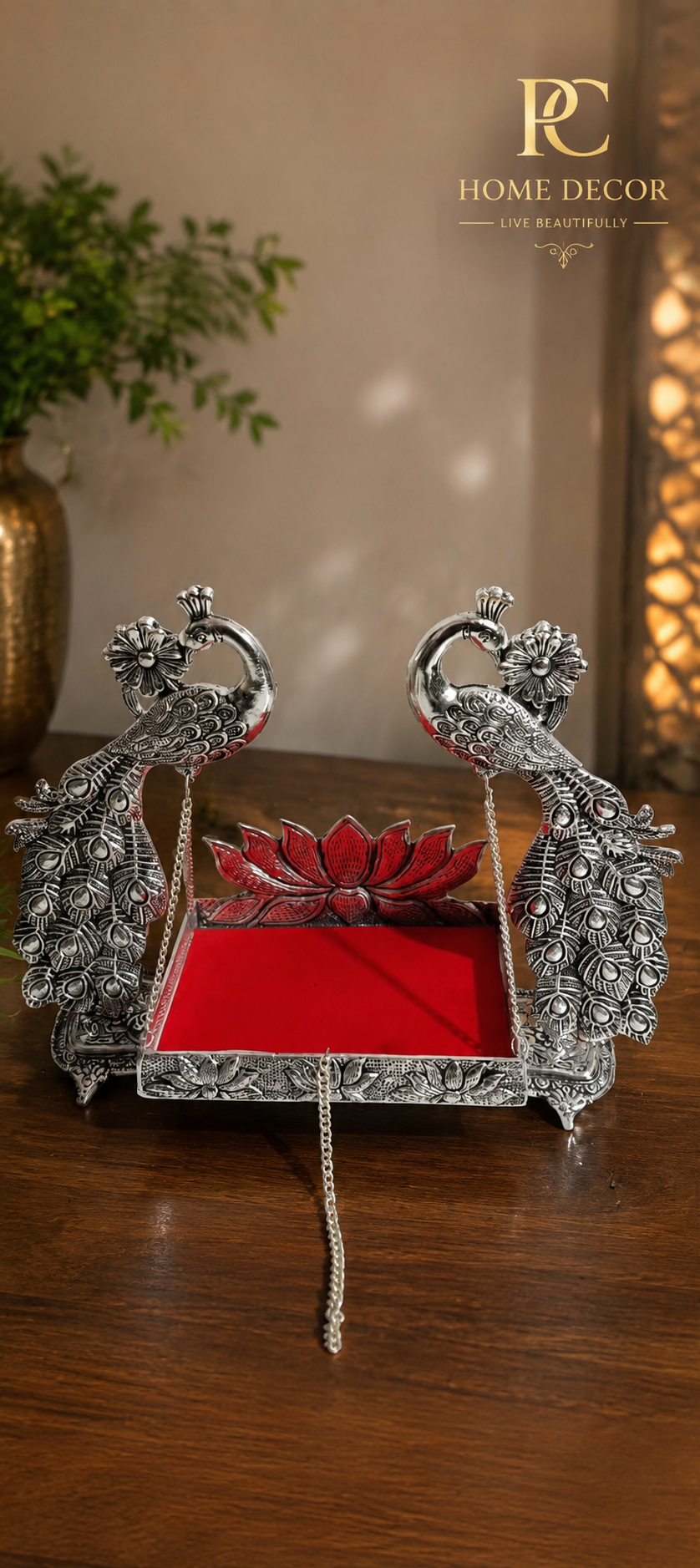 German Silver Plated Jumbo Peacock Laddu Gopal Jhula – 17×14 Inch 🦚✨