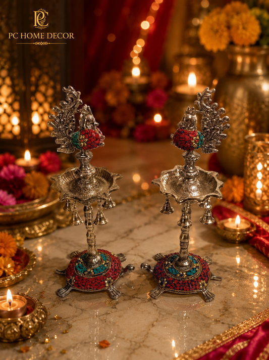German Silver Tortoise 🐢 Samai Diya Pair with Peacock & Hanging Bells