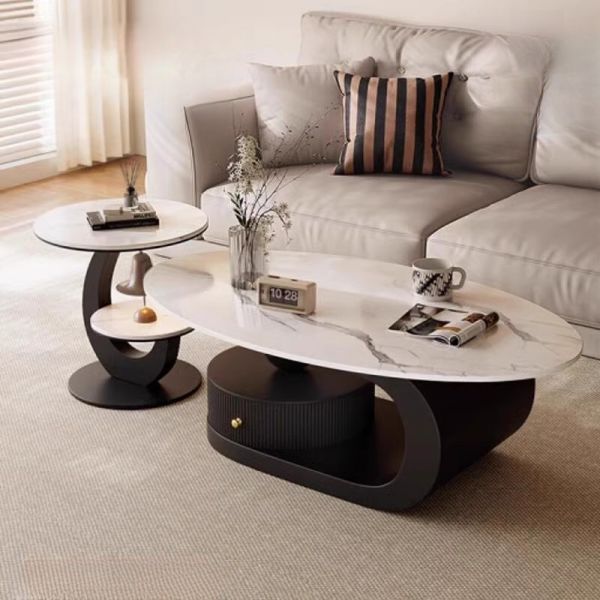Modern Dual-Tone Coffee Table Set with Drawer & Marble Finish Top – Contemporary Living Room Centerpiece