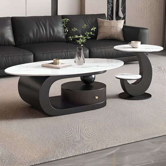 Modern Dual-Tone Coffee Table Set with Drawer & Marble Finish Top – Contemporary Living Room Centerpiece