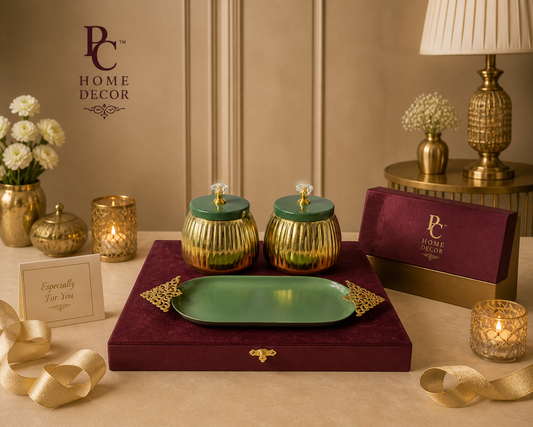 Elegant Green and Gold Tray With Jar Set For Gifting