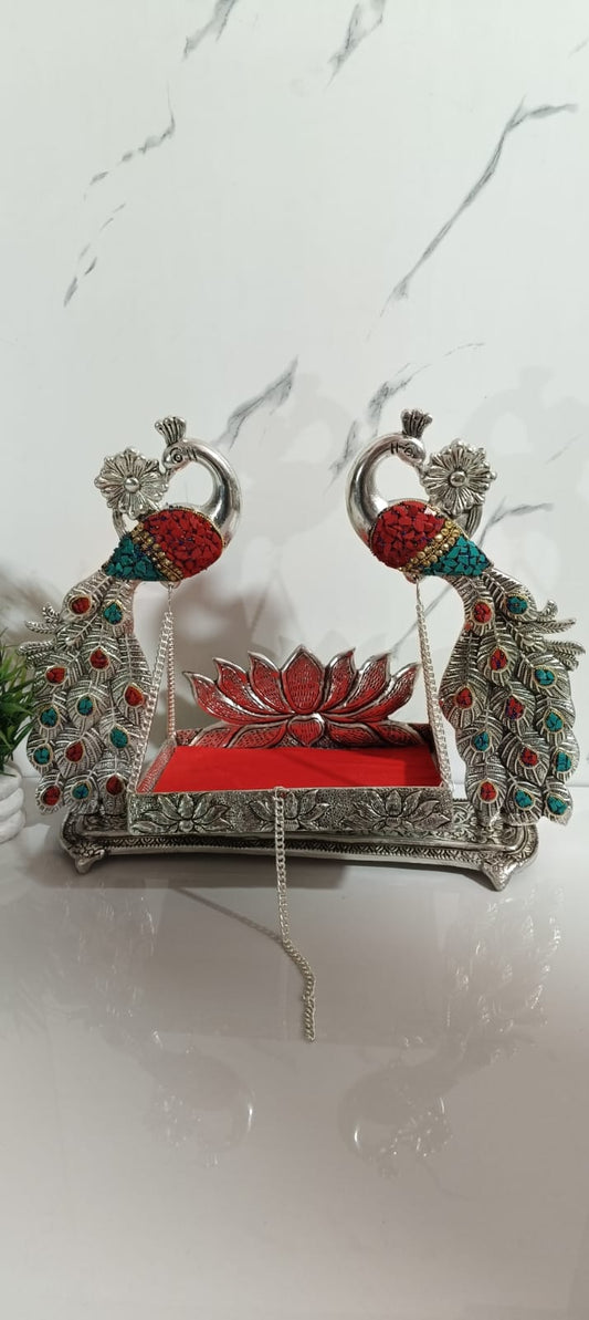 German Silver Peacock Laddu Gopal jhula In Multicolour