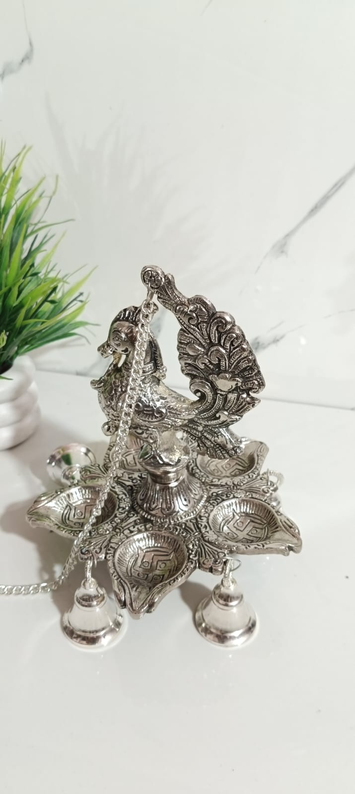 German Silver Peacock Panch Batti Diya with Chain Hanging , Set of 2 Pcs