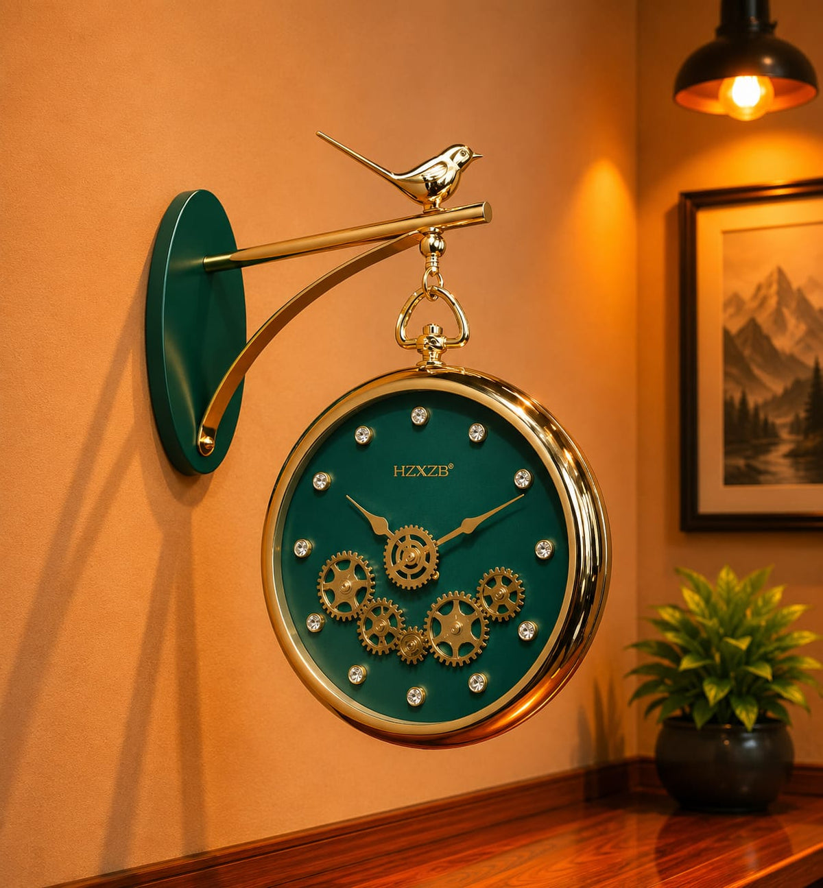 Moving Gear station Dual Dial Bird Pattern Wall Clock