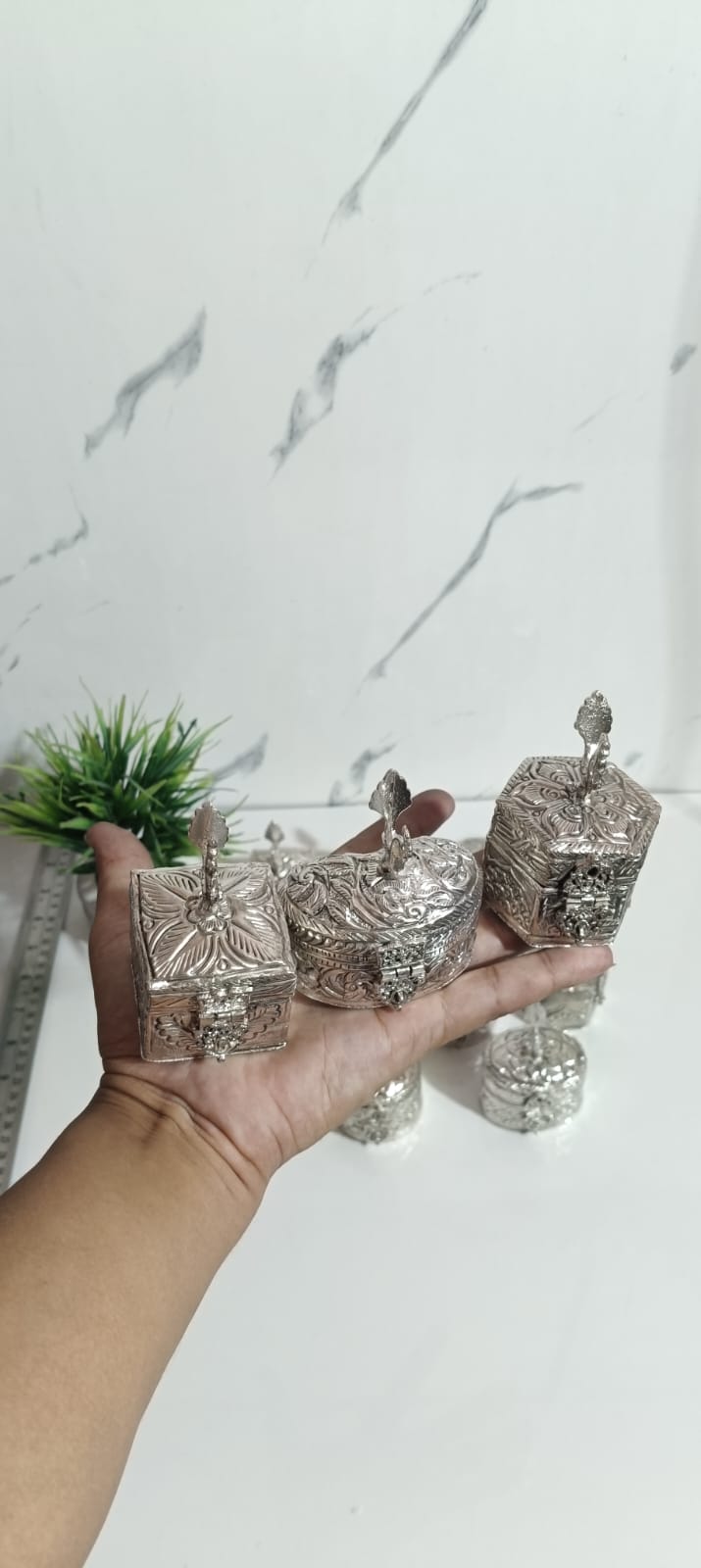 German Silver Plated Craving Dabba With Peacock,(Set of 10 pcs)