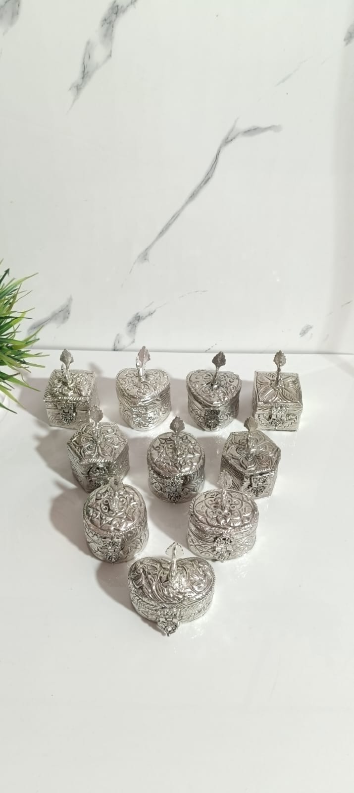 German Silver Plated Craving Dabba With Peacock,(Set of 10 pcs)