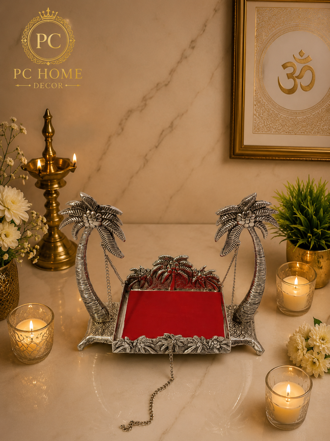 German Silver Palm Tree Jhula with Palna | Luxury Pooja & Baby Krishna Jhula | PC HOME DECOR