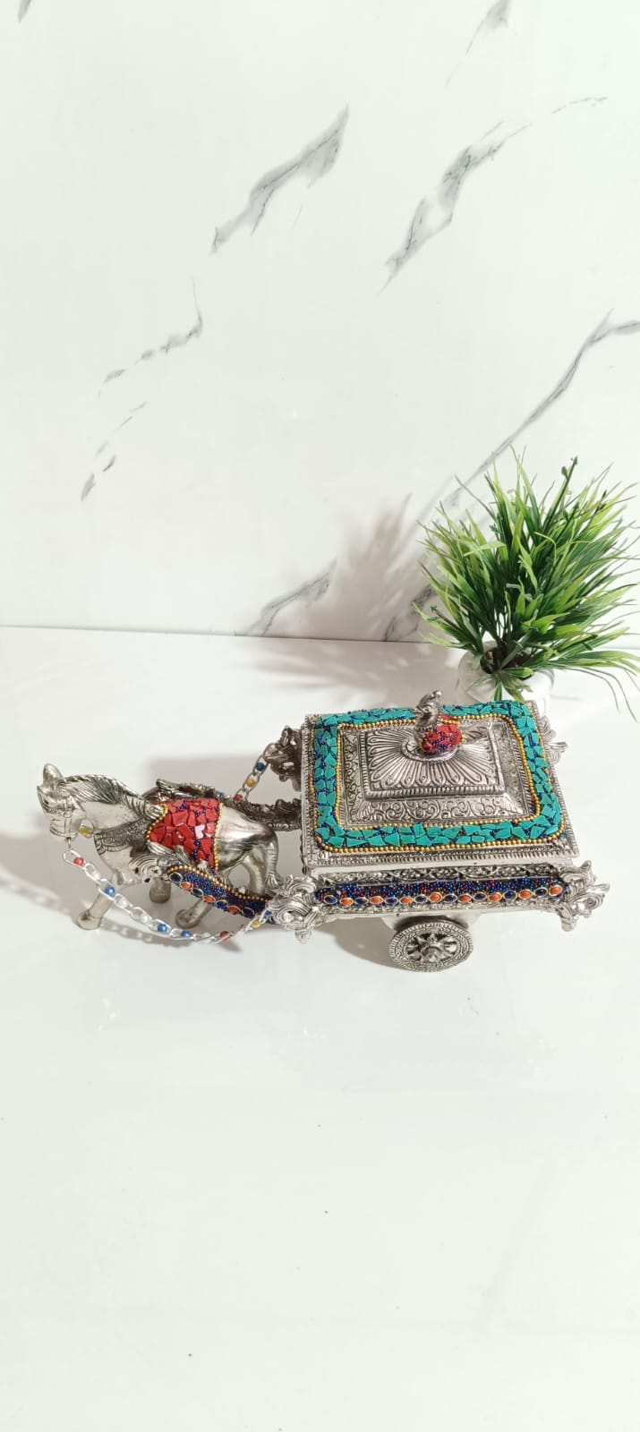 German Silver Horse Cart With Stone Art
