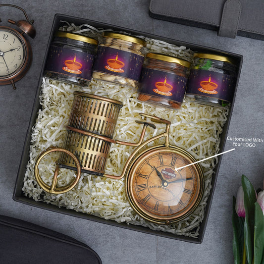 Premium Gift Set with Cycle Clock Pen Stand, Dry Fruits & Chocolates (Customisable)