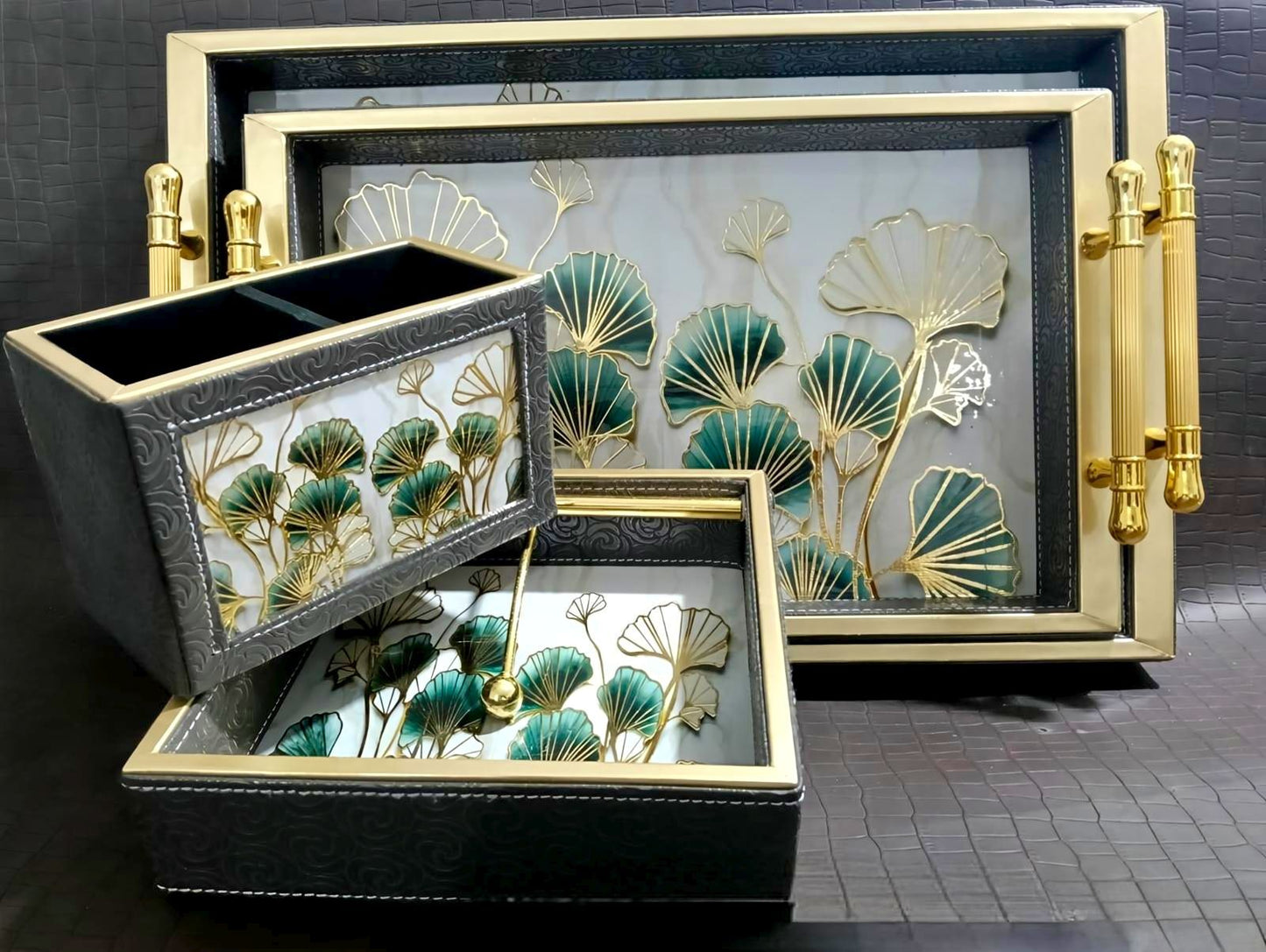Luxury Leathered Tray Combo Set with Resin Top | Premium 4-Piece Serving & Organizer Collection