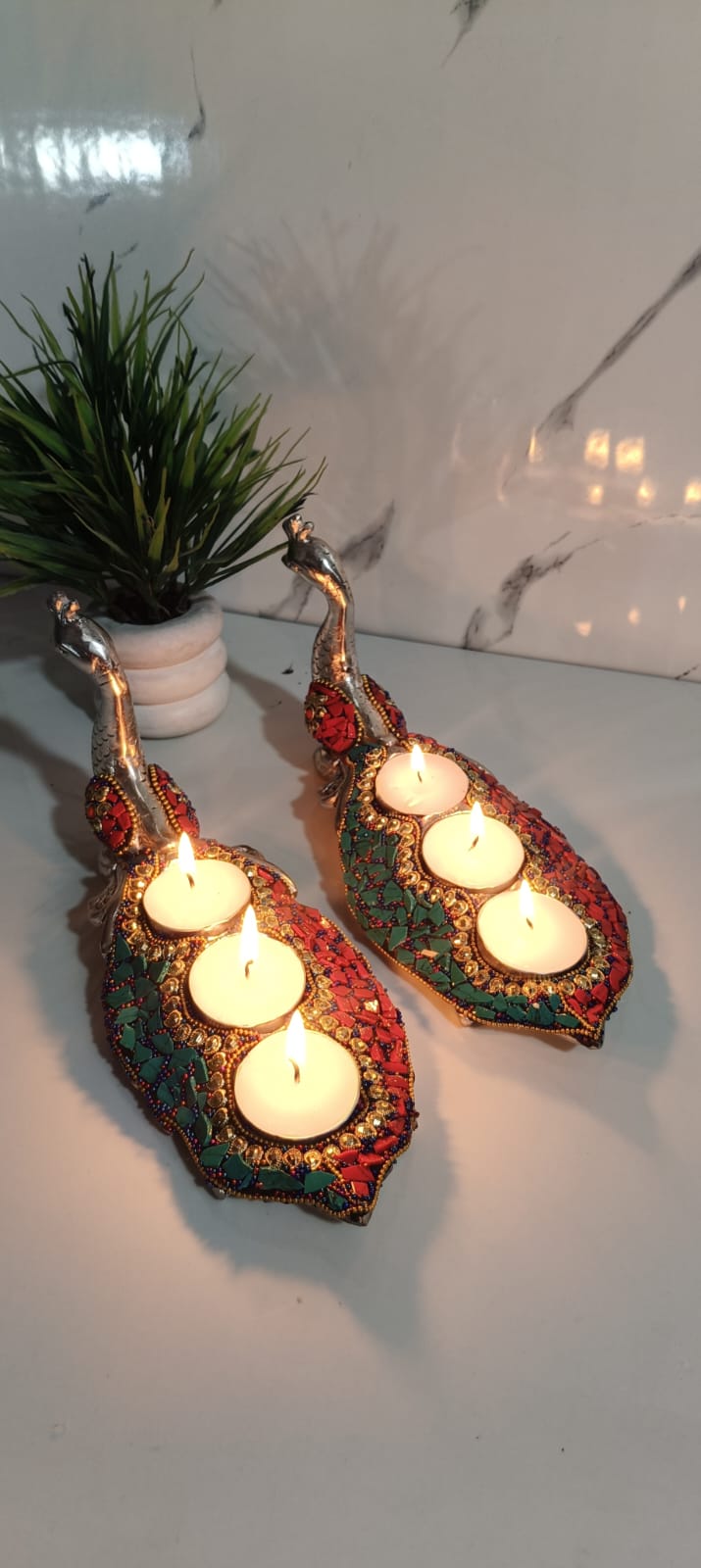 German silver long peacock 🦚🦚3 T-light holder with stone art
