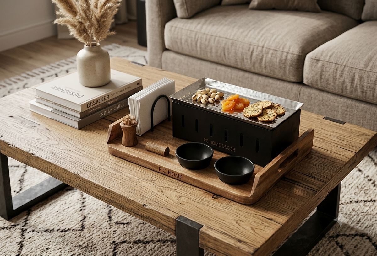 Rectangular Warmer Platter With Tissue Holder and Dip Bowls for chutney