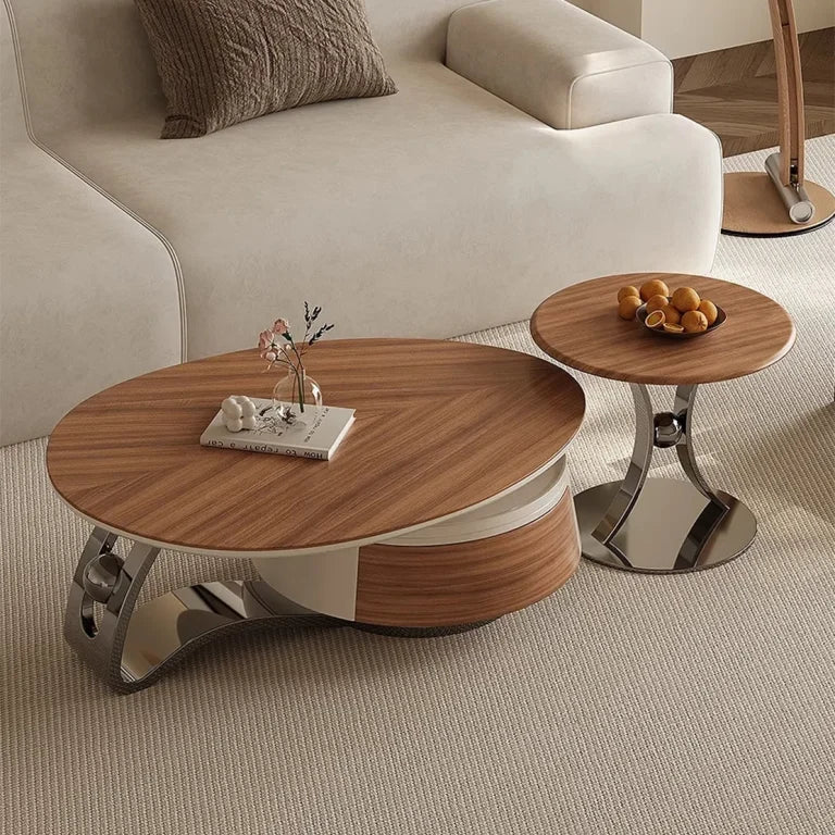 Modern Walnut & Stainless Steel Coffee Table Set (2-Piece)