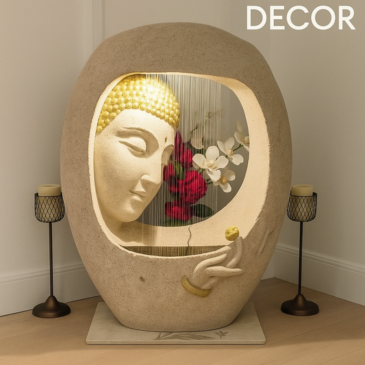 PC Home Decor | Oval shape Buddha Fountain, White and Gold
