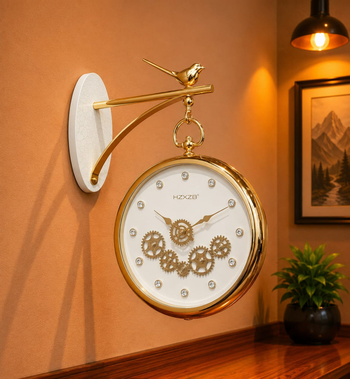 Moving Gear station Dual Dial Bird Pattern Wall Clock
