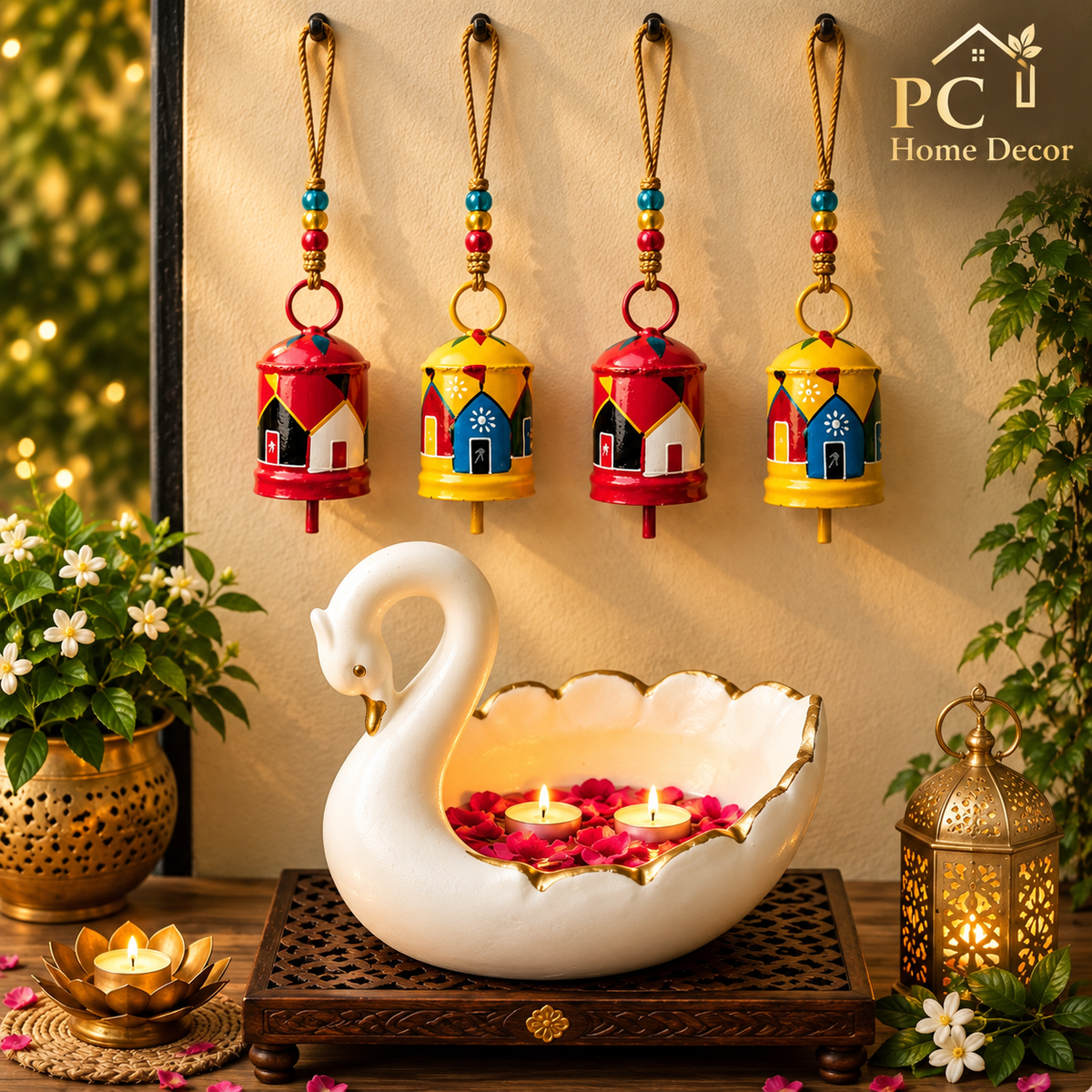 Bell Hanging With Swan Urli Festive Season Set Combo