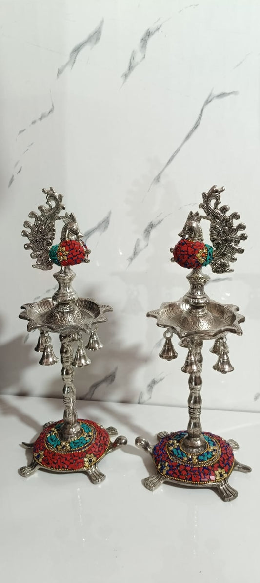 German silver tortoise 🐢 samai diya with Peacock on top and hanging bell