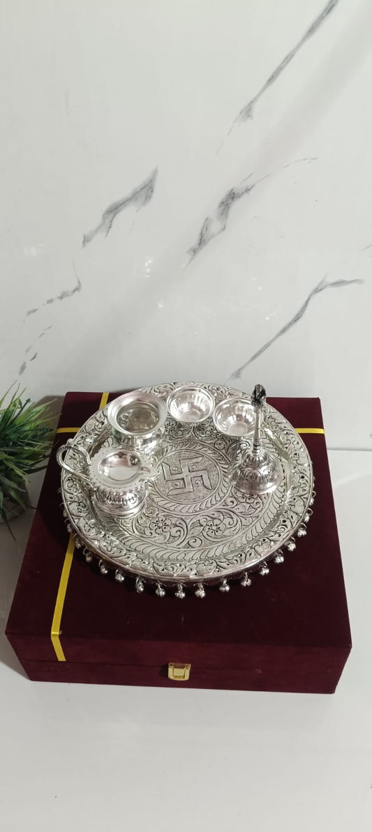 German Silver Pooja Thali Ghungroo pattern