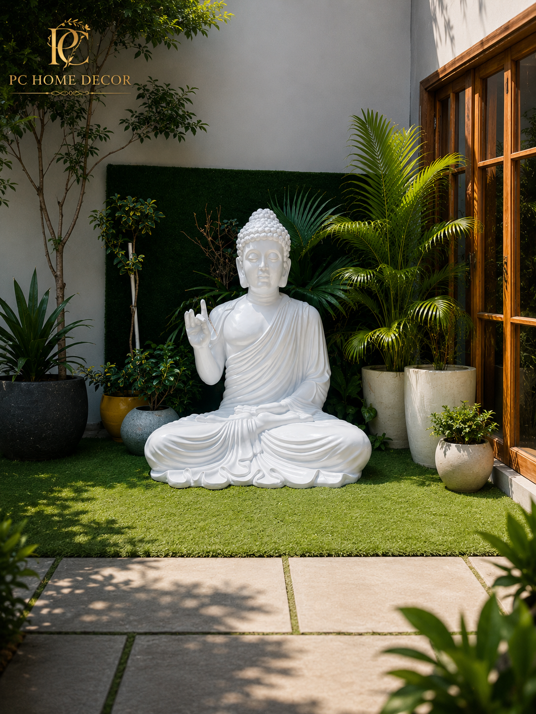 Premium White Fiber Blessing Buddha Statue – 62 × 46 × 37 Inch | Luxury Home & Garden Décor