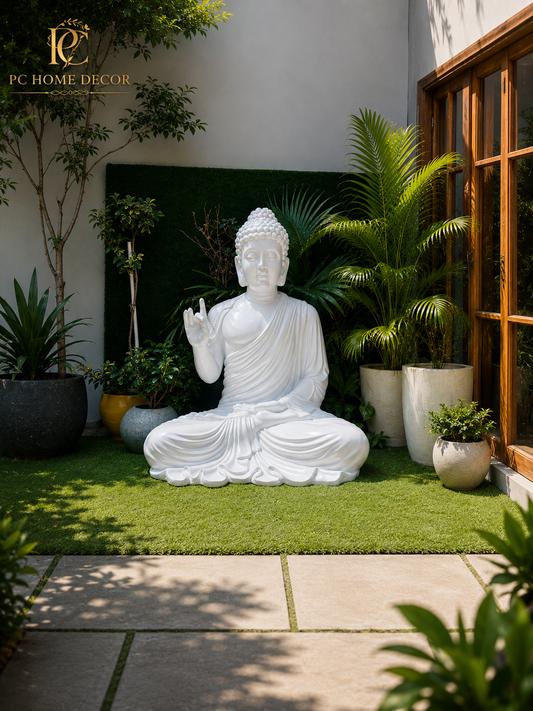 Premium White Fiber Blessing Buddha Statue – 62 × 46 × 37 Inch | Luxury Home & Garden Décor