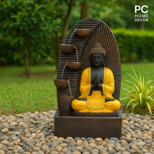 PC Home Decor | Fibre Buddha Fountain with Robe, Yellow and Brown