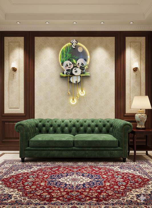 Panda Bliss Metal Wall Art with LED & Hanging Lights (120×60cms)