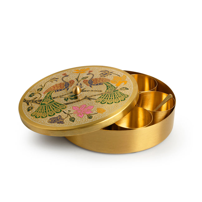 Royal Peacock Meenakari Brass Masala Box