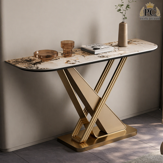 Modern Cross-Leg Gold Console Table with Italian Marble Top