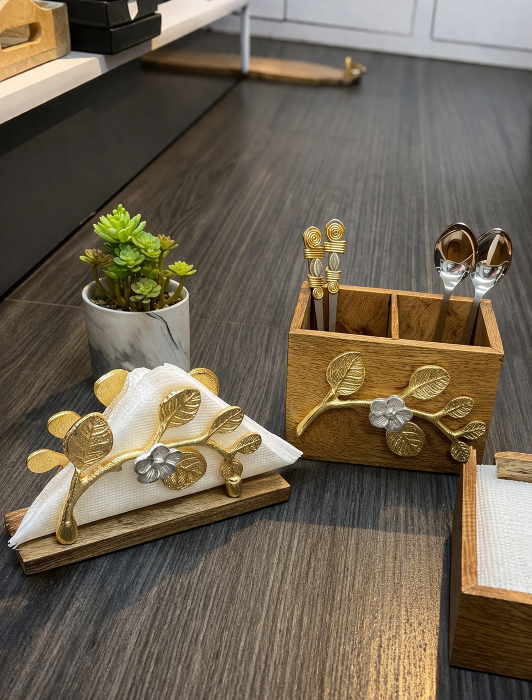 Wooden Cutlery & Tissue Stand Set