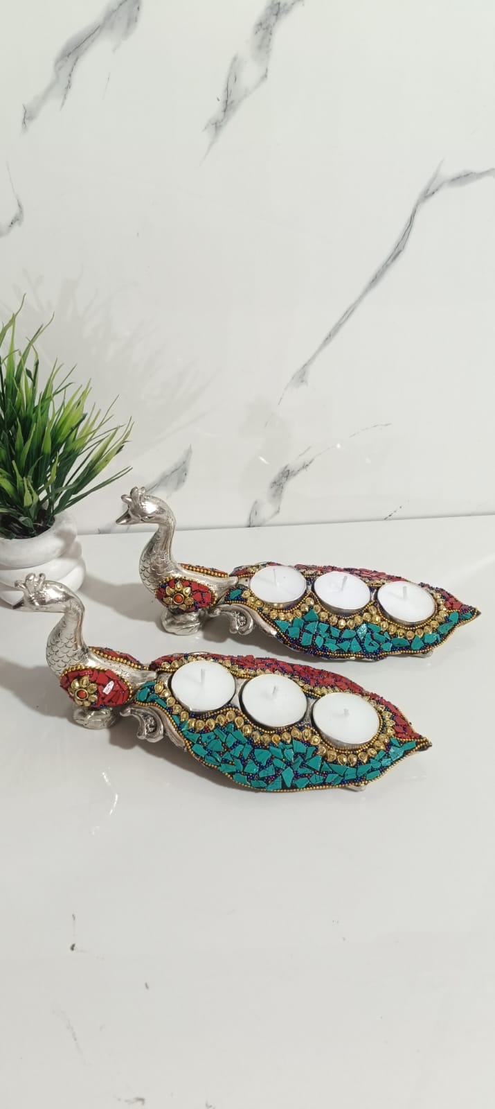 German silver long peacock 🦚🦚3 T-light holder with stone art